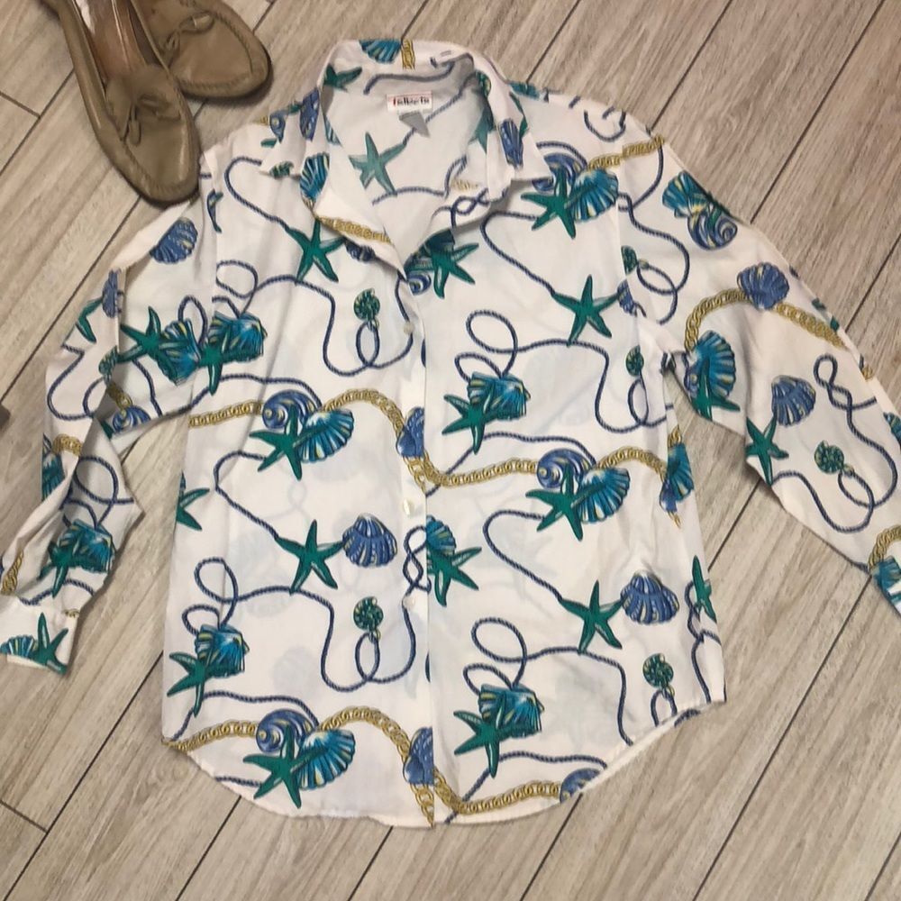 Talbots Nautical Shell Chain Button Down Blouse S - image 5